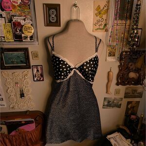 Vintage Polka Dot Lace Slip Dress Women's XL Black White Bow Coquette Lingerie